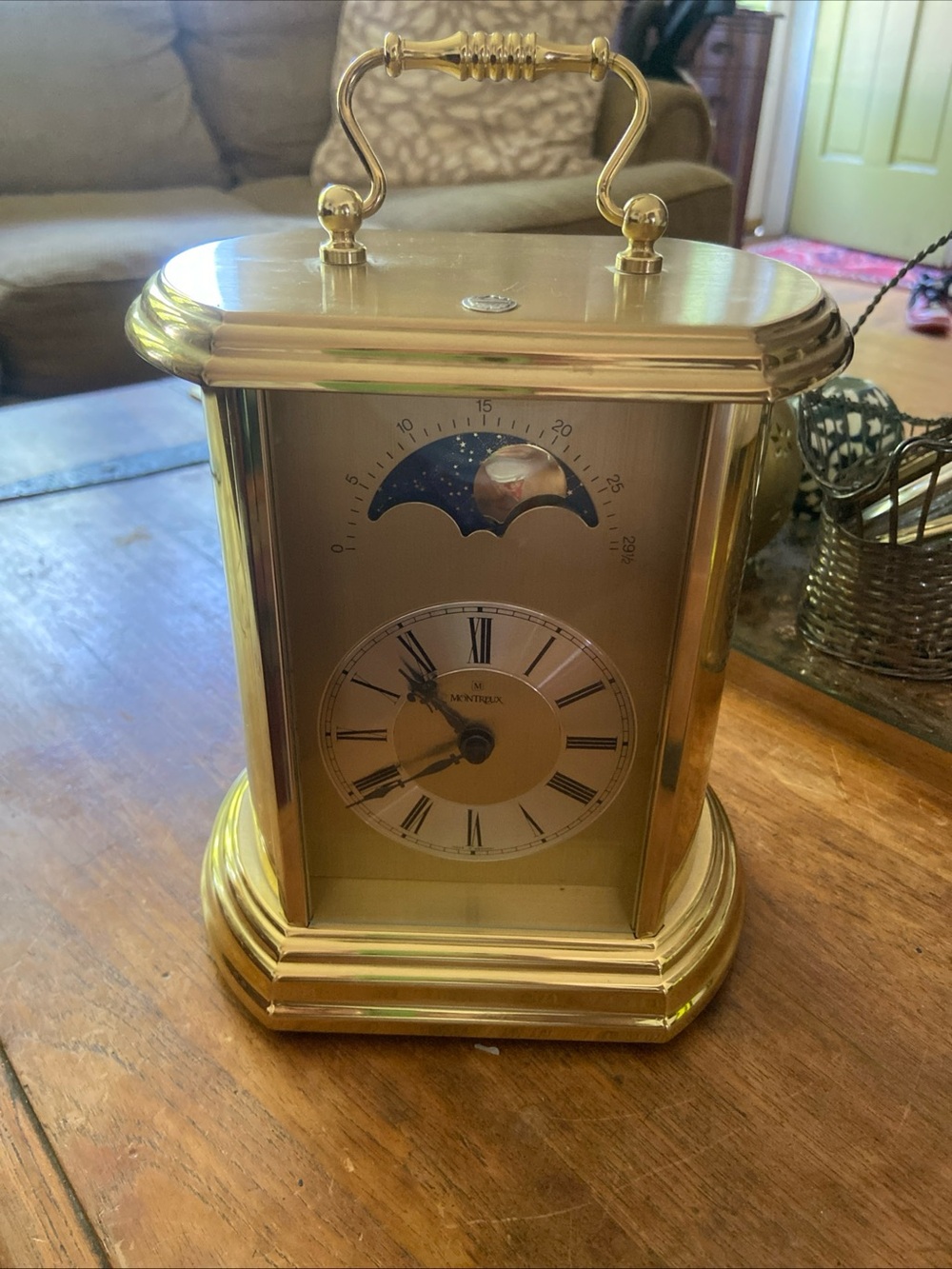 Vintage Montreax Brass Moon Phase Mantle Clock- It works